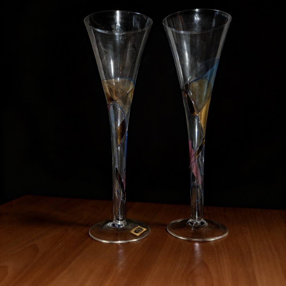 Hand-Painted Glass Flute Pair - Clear with Blue, Gold & Pink Accents